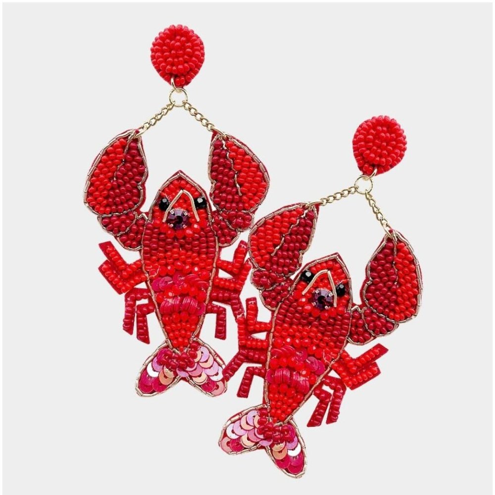 Red lobster earrings, Crab seed bead  felt back crab claw sea animals fish long